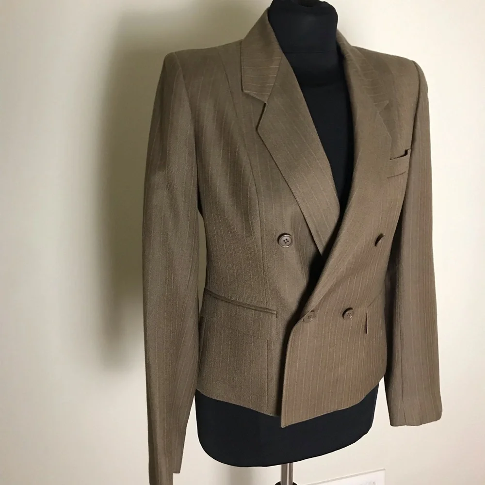 Harve Bernard Tan Tweed Double Breasted Wool Blazer